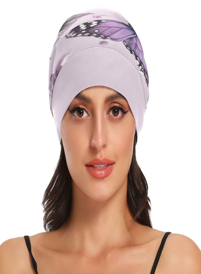 ElliTarr Beanie Hat Satin Bonnet Lined Sleep Cap Hair Wrap Cover Slouchy Beanie for Curly Hair Protection for Gifts for Men Women Pastel Purple Butterflies and Vintage Flowers - Image 2